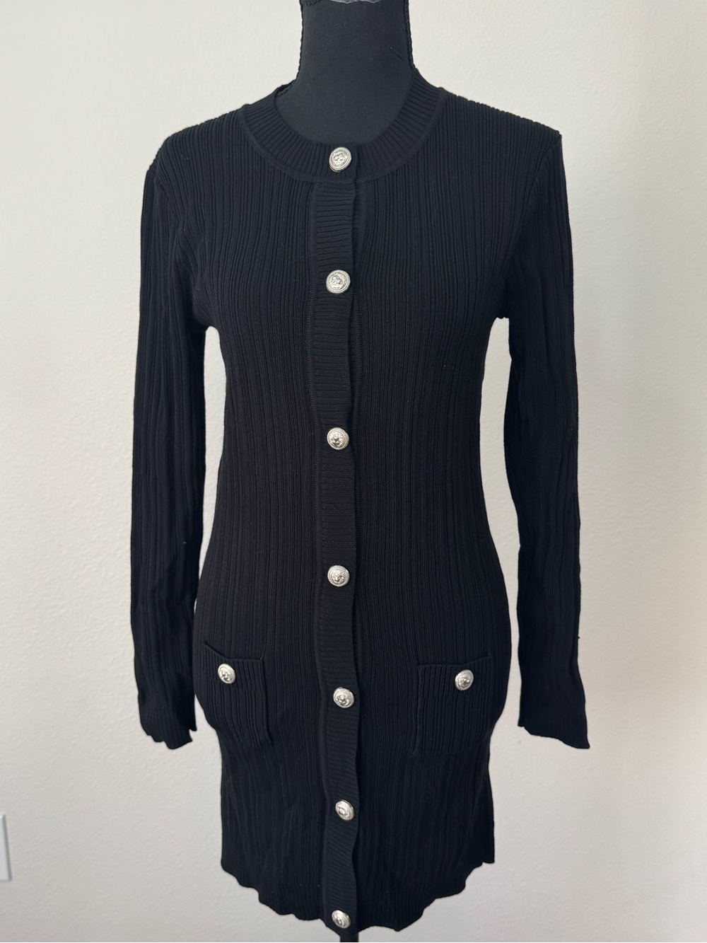 OO LALA Black Ribbed Longline Button Cardigan Size Small